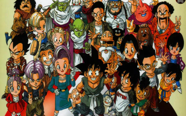 HD desktop wallpaper featuring a vibrant group portrait of various characters from the anime series Dragon Ball Z.