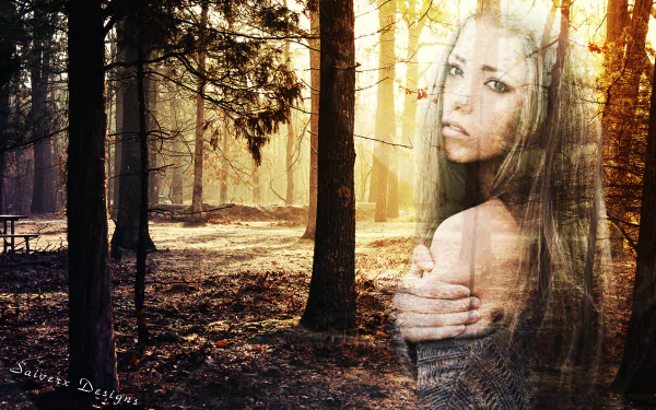 Artistic HD PC desktop wallpaper by saiverxdesigns: ghostly woman model blended into a sunlit forest of tall woods, moody design background.