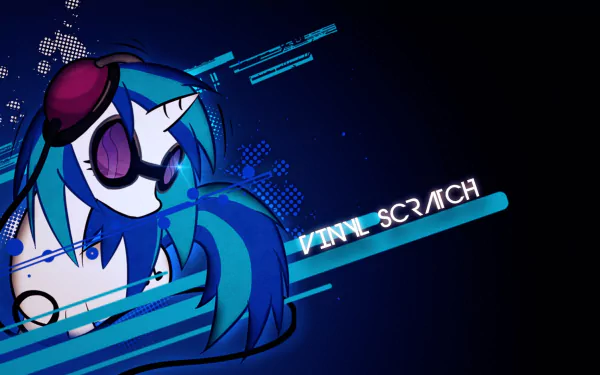 HD desktop wallpaper featuring Vinyl Scratch (DJ Pon-3) from the TV show My Little Pony: Friendship Is Magic with blue and black digital design elements.