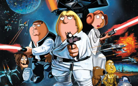 A colorful Family Guy HD wallpaper featuring characters styled as Star Wars figures, holding lightsabers against a cosmic background with spaceships and planets.