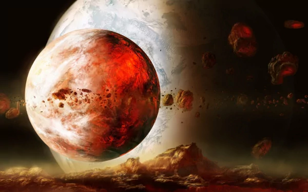 A vibrant sci-fi scene featuring a fiery red planet amidst a backdrop of space debris and a distant celestial body, rendered in stunning 4K Ultra HD resolution.