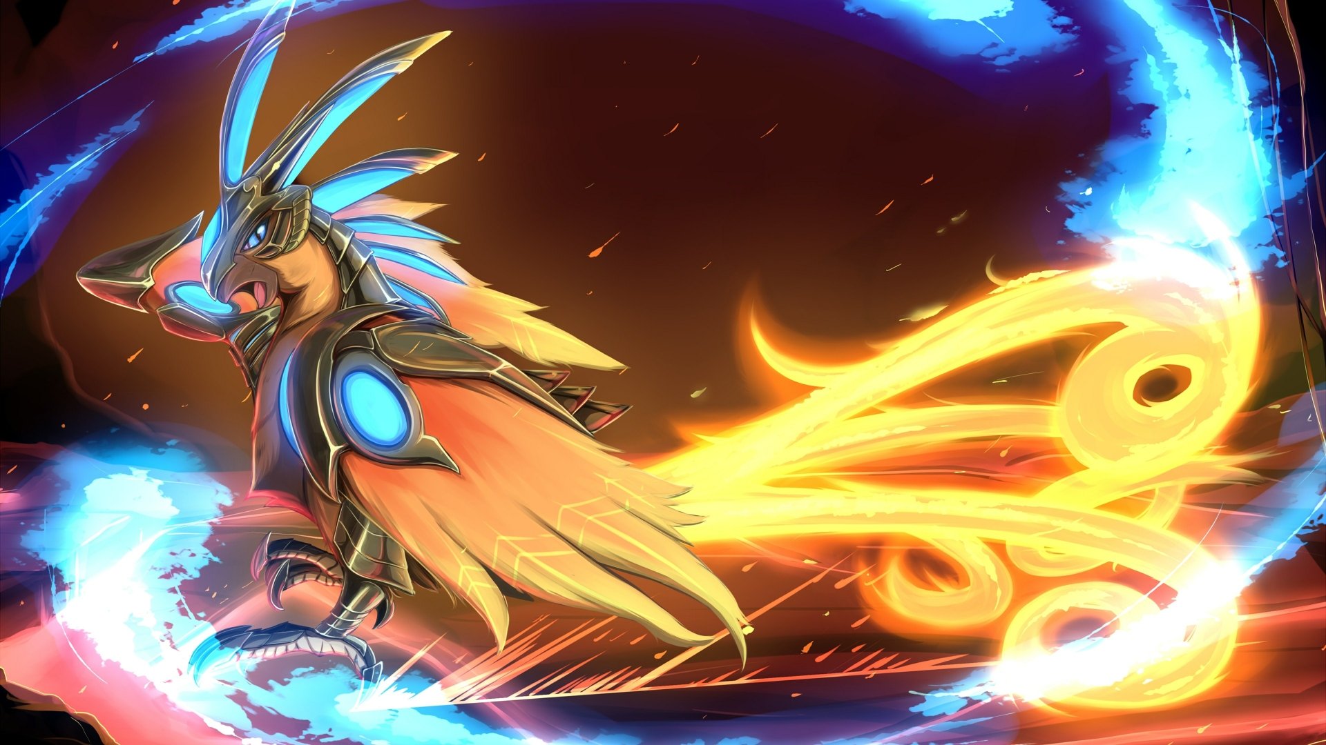 HD desktop wallpaper featuring a stylized fantasy phoenix with glowing eyes and fiery tail, set against a dynamic blue and orange swirl backdrop.