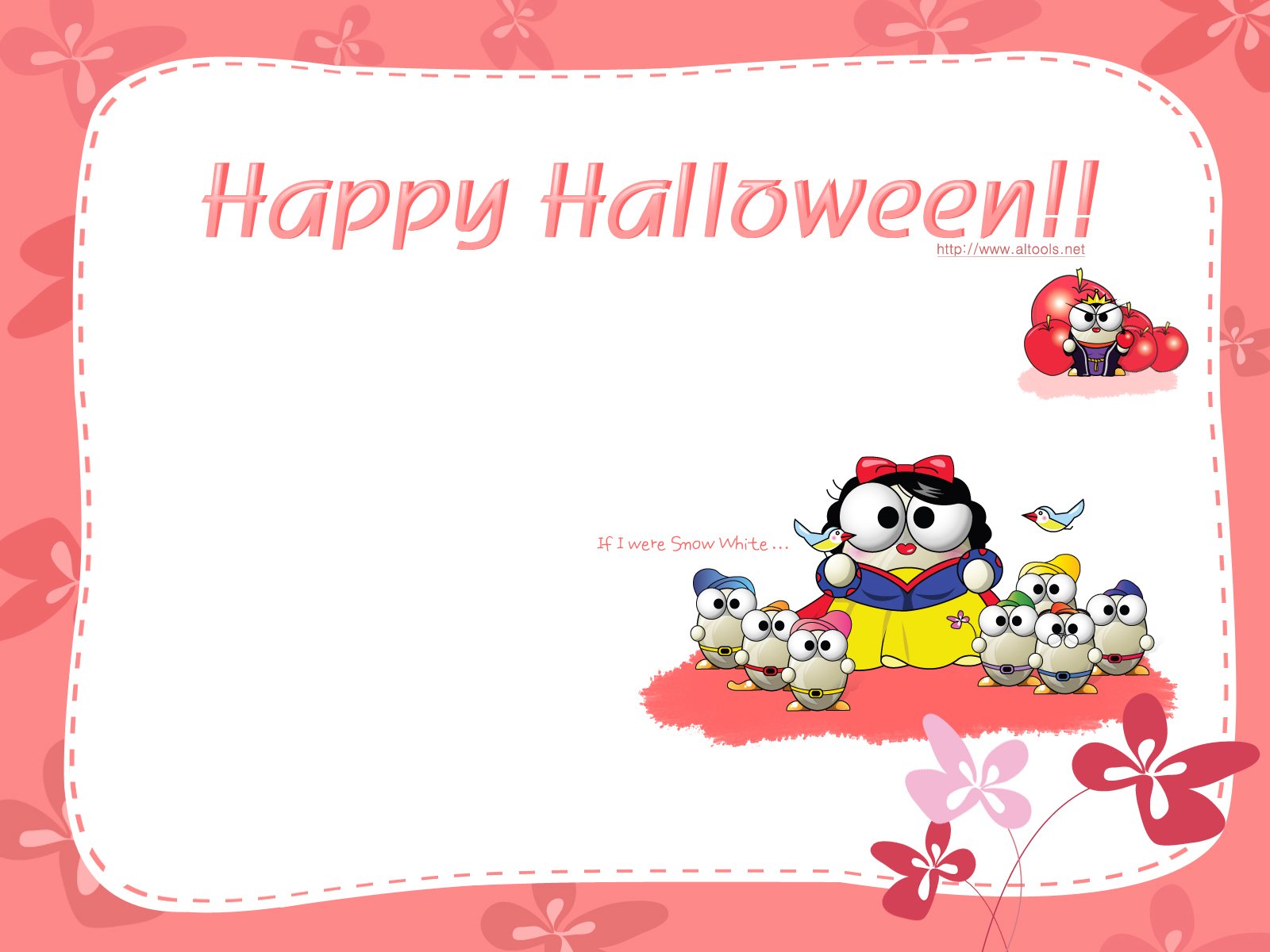 Happy Halloween text on an HD PC desktop wallpaper featuring a cute cartoon character with a bow, surrounded by tiny chicks, hearts and floral accents — a cheerful holiday Halloween background.