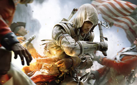 A dynamic HD wallpaper from Assassin's Creed III, featuring an Assassin in action amidst a chaotic historical battle scene, highlighted by smoke, sparks, and a backdrop of American flags.