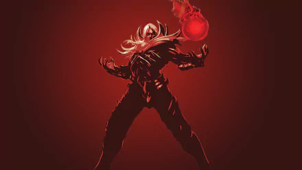 Vladimir from League of Legends stands dramatically against a deep red background, wielding a glowing orb. This HD wallpaper captures the essence of Noxus and its dark aesthetic.