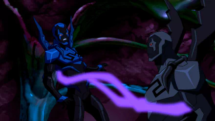 Young Justice HD PC desktop wallpaper: Jaime Reyes as Blue Beetle faces off against the Black Beetle in a dark cavern, purple energy tendrils crackling between them.