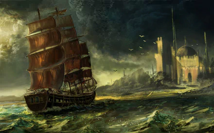 A majestic ship with billowing red sails navigates turbulent waters near a mysterious castle under a stormy sky. This captivating fantasy scene serves as an HD PC desktop wallpaper.