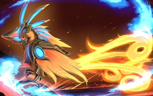 HD desktop wallpaper featuring a stylized fantasy phoenix with glowing eyes and fiery tail, set against a dynamic blue and orange swirl backdrop.