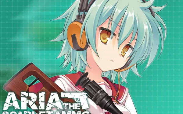 Reki from Aria The Scarlet Ammo is featured in this HD anime desktop wallpaper, showcasing her signature style with headphones and a firearm.