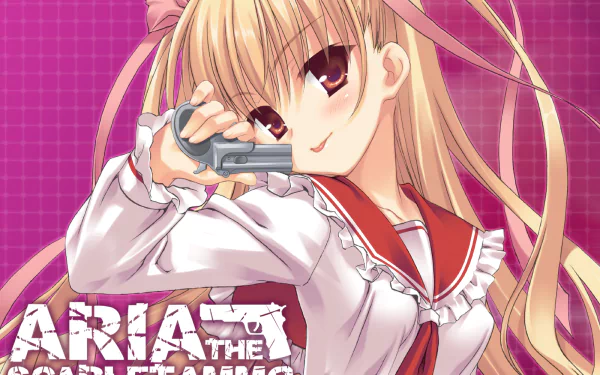 HD PC desktop wallpaper featuring an anime-style character from Aria the Scarlet Ammo with long blonde hair and a school uniform holding a handgun against a pink grid background.