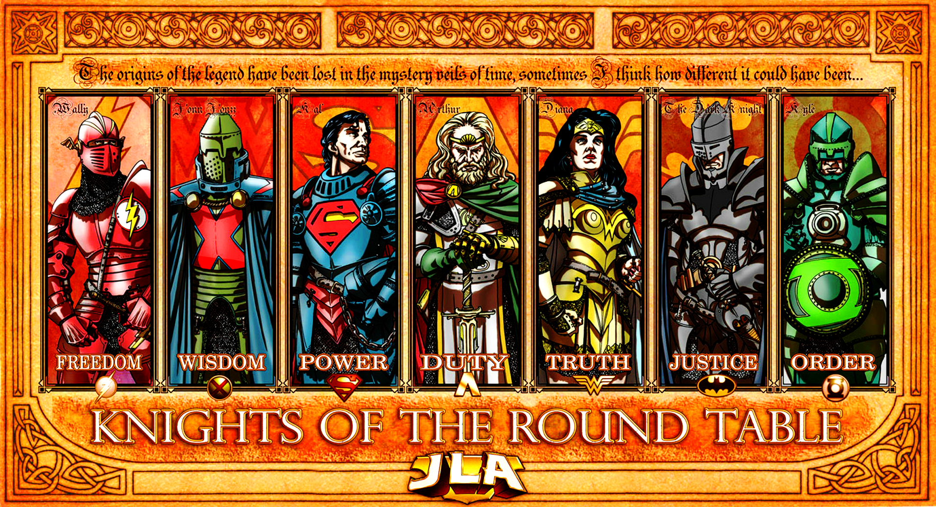 HD PC desktop wallpaper featuring DC Comics Justice League heroes—Green Lantern, Batman, Wonder Woman, Aquaman, Superman, Martian Manhunter, and Flash—styled as Knights of the Round Table.