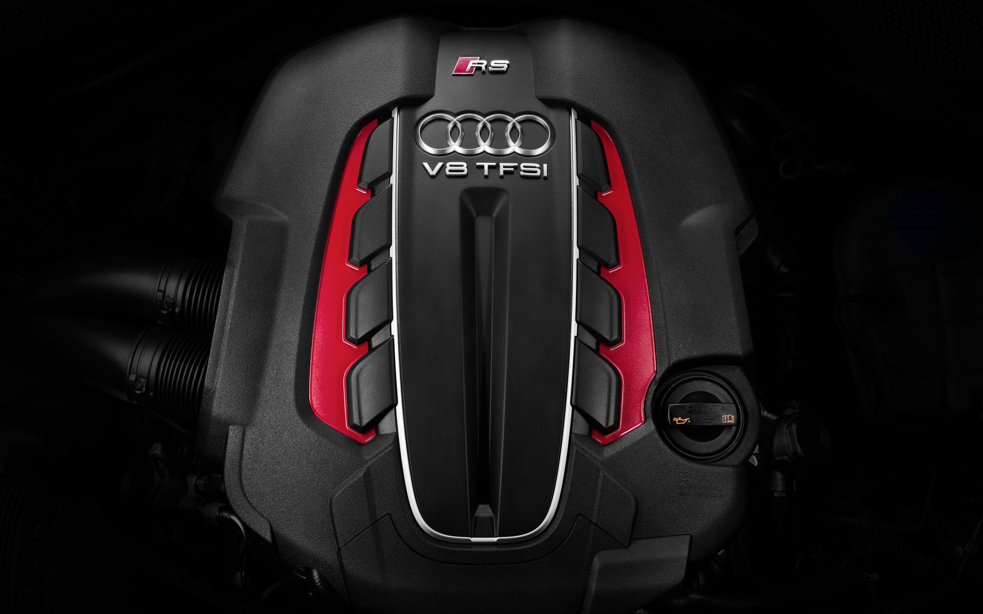 Close-up HD desktop wallpaper of the Audi RS6 V8 TFSI engine cover showcasing its detailed design and branding.