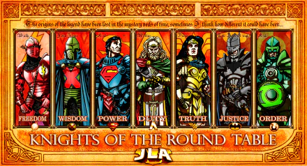 HD PC desktop wallpaper featuring DC Comics Justice League heroes—Green Lantern, Batman, Wonder Woman, Aquaman, Superman, Martian Manhunter, and Flash—styled as Knights of the Round Table.