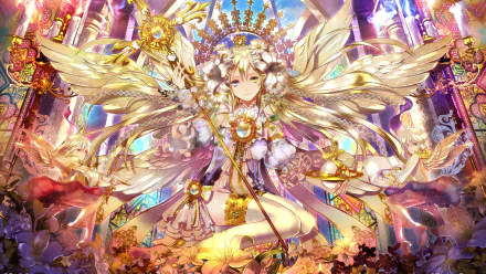 HD wallpaper of a cute anime angel with long hair, wings, and thigh highs, holding a staff, amidst a scenic floral backdrop.