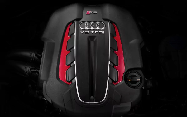 Close-up HD desktop wallpaper of the Audi RS6 V8 TFSI engine cover showcasing its detailed design and branding.