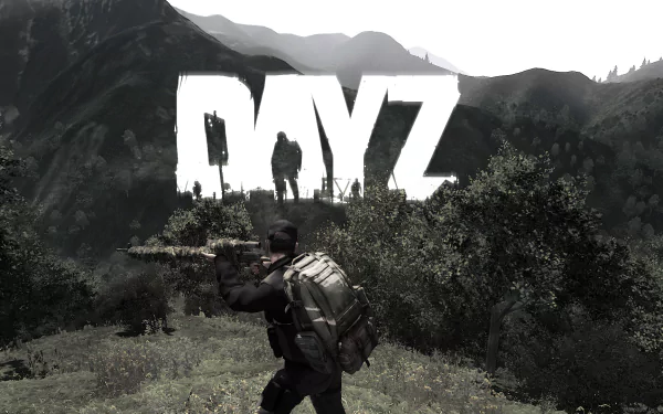 HD PC desktop wallpaper showcasing a soldier with a backpack aiming a weapon in a mountainous landscape from the video game DayZ.