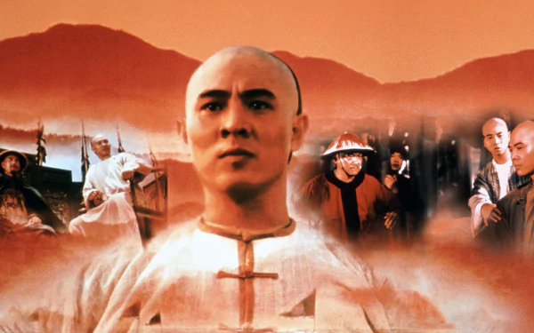 HD PC desktop wallpaper featuring a dramatic scene from the movie Once Upon a Time in China with characters set against a red-orange mountainous background.