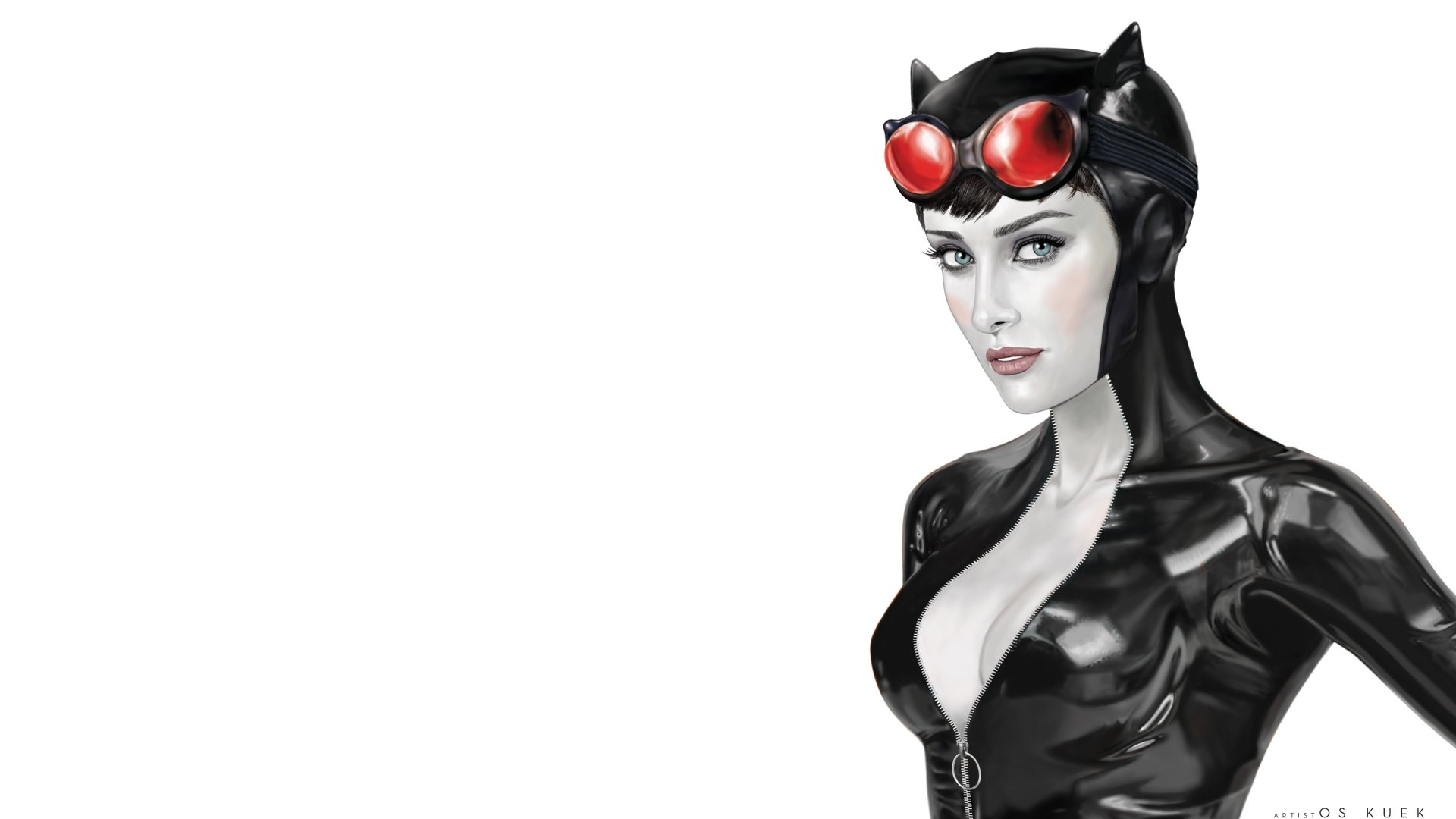 Comic-style Catwoman in glossy black suit with red goggles, rendered as a 4K Ultra HD PC desktop wallpaper and background.