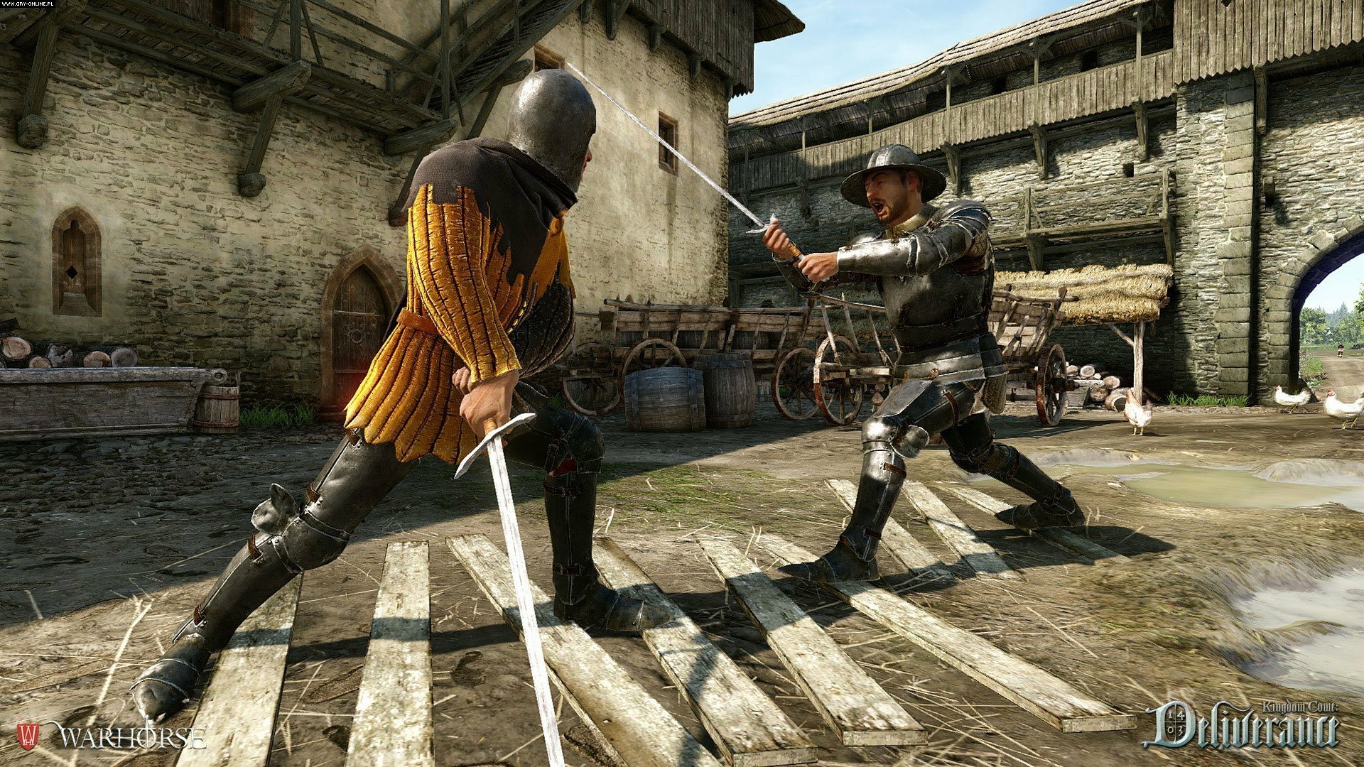 HD PC desktop wallpaper featuring a detailed sword fight scene from the video game Kingdom Come: Deliverance set in a medieval courtyard.