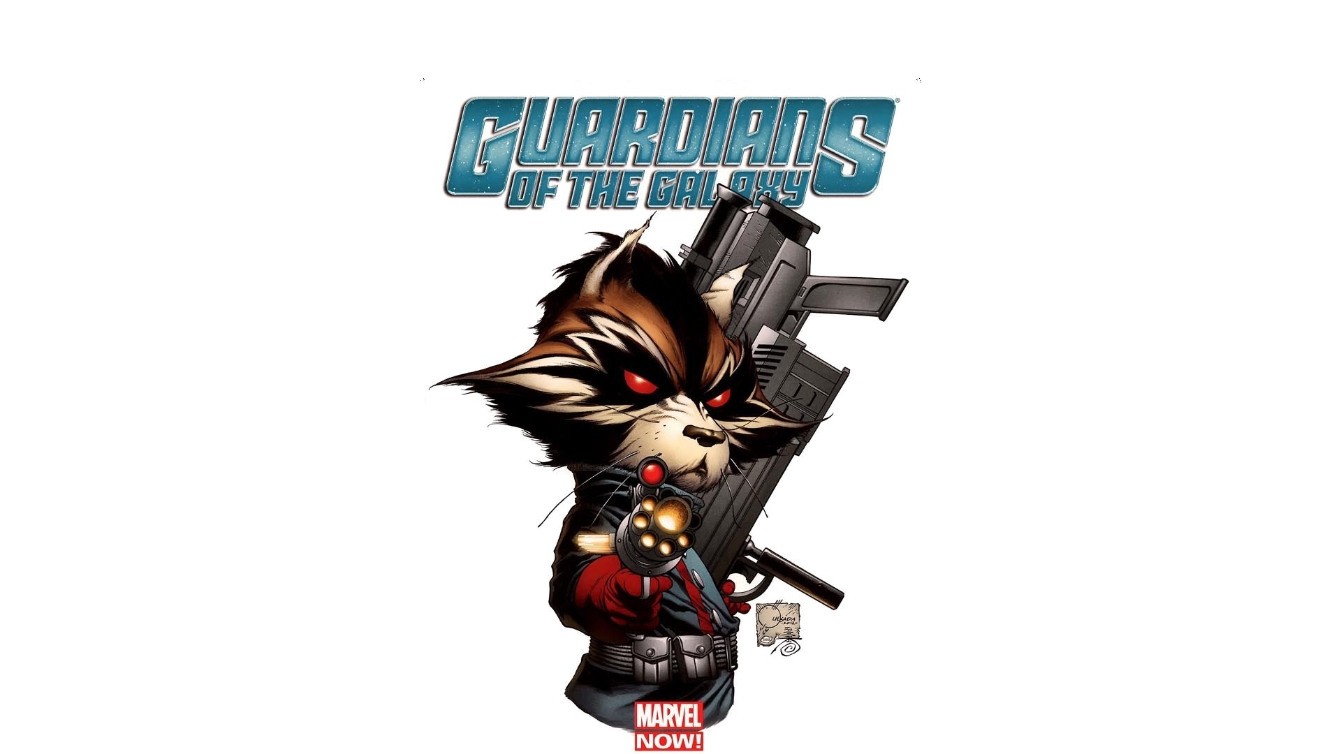 Comic Guardians of the Galaxy HD PC desktop wallpaper: stylized Rocket Raccoon wielding guns beneath the Guardians logo on a clean white background.