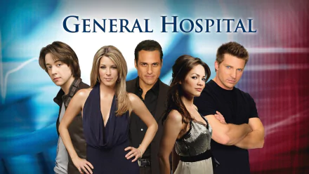 HD desktop wallpaper for the TV show General Hospital, featuring five cast members posed across a blue-to-red gradient background with the show's title centered at the top.