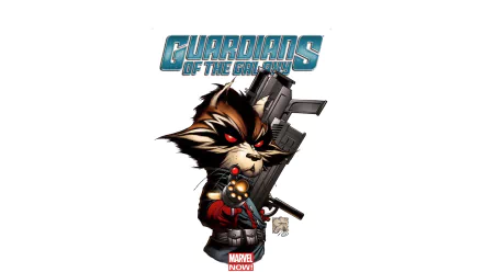 Comic Guardians of the Galaxy HD PC desktop wallpaper: stylized Rocket Raccoon wielding guns beneath the Guardians logo on a clean white background.