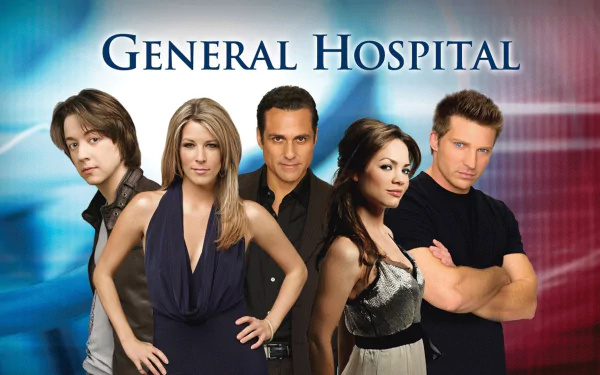 HD desktop wallpaper for the TV show General Hospital, featuring five cast members posed across a blue-to-red gradient background with the show's title centered at the top.