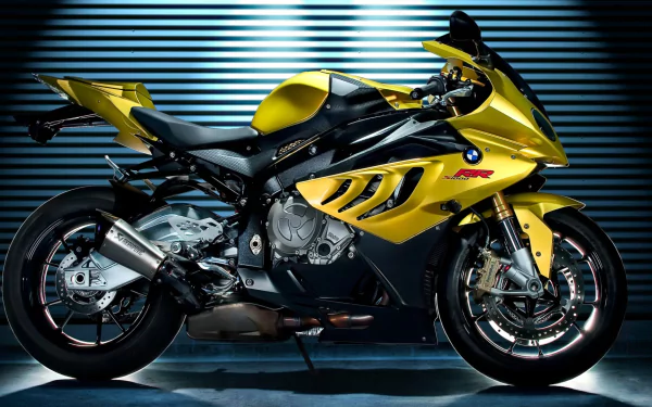 HD desktop wallpaper featuring a yellow and black BMW S1000 motorcycle against a striped backdrop, showcasing the sleek design of this BMW vehicle.