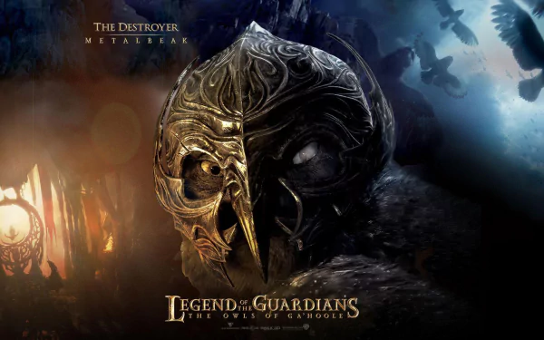HD PC desktop wallpaper from Legend of the Guardians: The Owls of Ga'Hoole featuring a detailed, menacing owl helmet titled The Destroyer Metalbeak in a dark, atmospheric setting.
