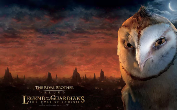 HD PC desktop wallpaper featuring a close-up of Kludd, the rival brother from the movie Legend of the Guardians: The Owls of Ga'Hoole, against a dramatic sunset sky.