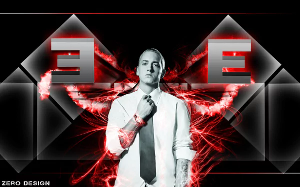 HD wallpaper featuring Eminem, showcasing dynamic red graphics and geometric shapes, creating a striking background for music enthusiasts.