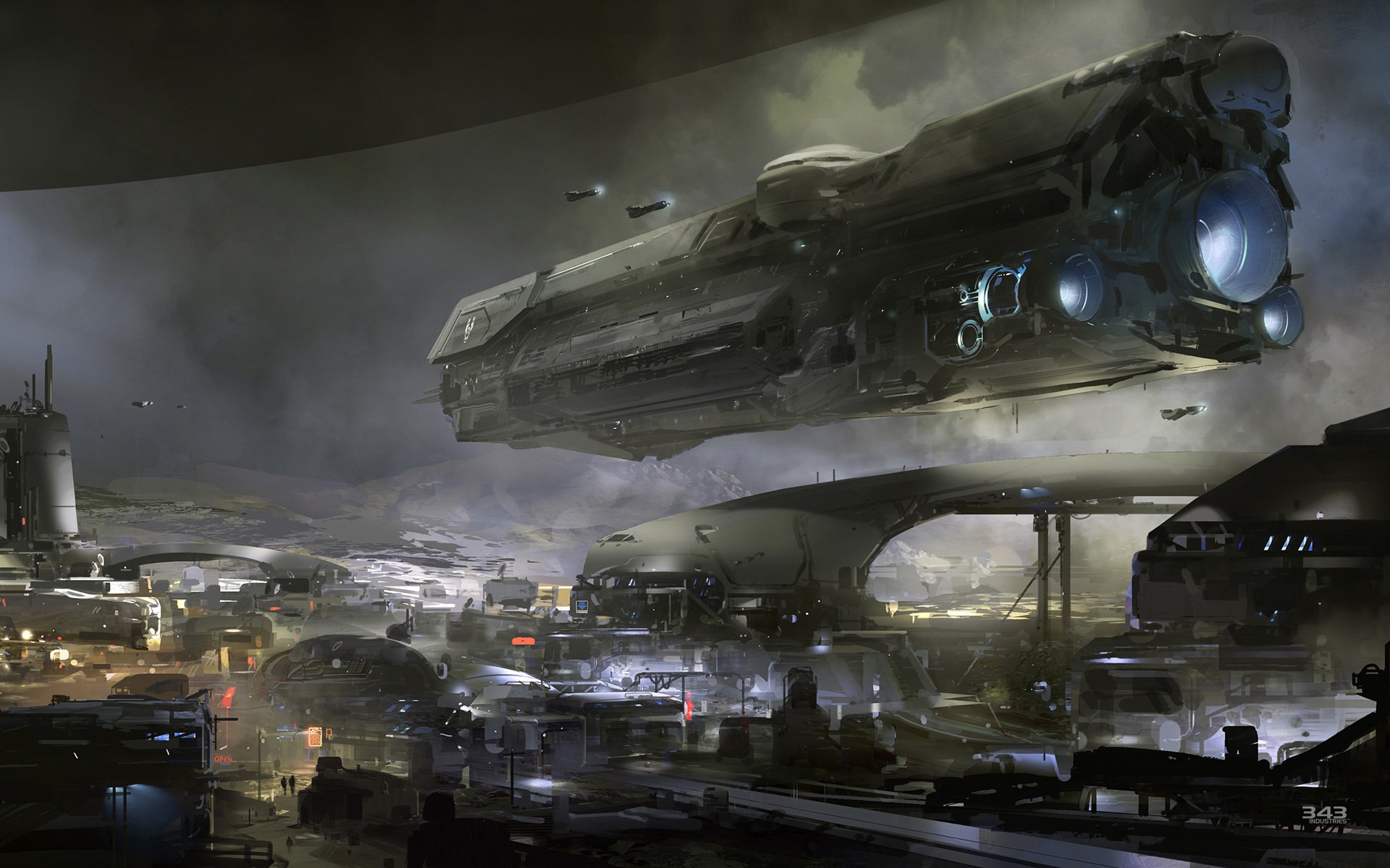 A high-definition wallpaper from the video game Halo 5: Guardians, featuring a spaceship hovering over a futuristic, industrial cityscape.