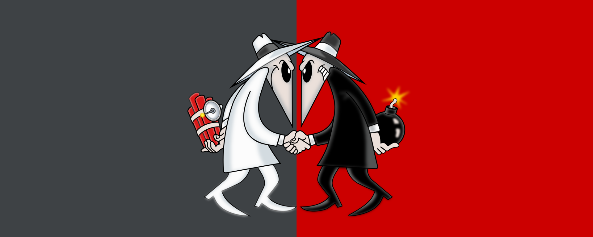 A vibrant HD desktop wallpaper featuring iconic characters from Spy vs. Spy, showcasing a humorous standoff between the white and black spies, each holding distinct gadgets.