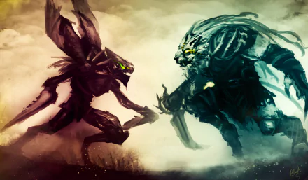 HD desktop wallpaper featuring Kha'Zix and Rengar, characters from the video game League of Legends, engaged in an intense standoff amid a dramatic, smoky background.