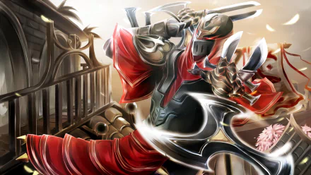 Zed from League of Legends strikes a dynamic pose, wielding his blades against a dramatic backdrop, showcasing the intensity of this popular video game. HD desktop wallpaper.