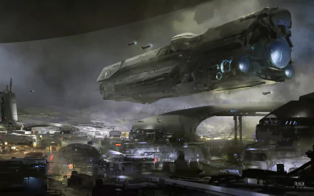 A high-definition wallpaper from the video game Halo 5: Guardians, featuring a spaceship hovering over a futuristic, industrial cityscape.