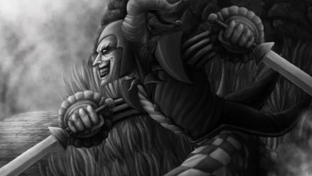 HD black-and-white desktop wallpaper featuring Shaco from League of Legends, capturing the character's sinister grin and dynamic pose in a striking video game scene.