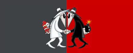 A vibrant HD desktop wallpaper featuring iconic characters from Spy vs. Spy, showcasing a humorous standoff between the white and black spies, each holding distinct gadgets.