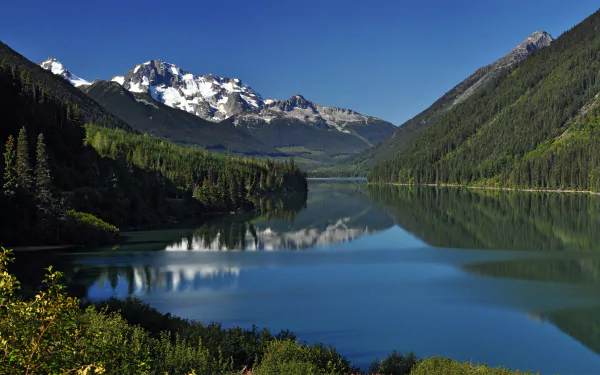 A serene landscape featuring a calm lake reflecting majestic mountains and lush greenery, showcasing the beauty of nature in stunning 4K Ultra HD.