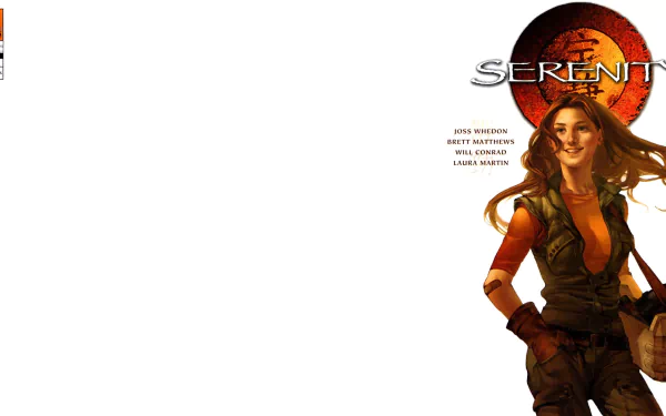 Comic-style Serenity HD PC desktop wallpaper: smiling female spacefarer at right beneath a red planet and Serenity logo, white space left for icons.