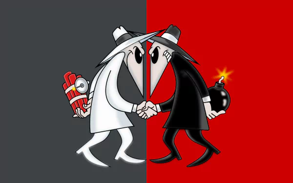 A vibrant HD desktop wallpaper featuring iconic characters from Spy vs. Spy, showcasing a humorous standoff between the white and black spies, each holding distinct gadgets.