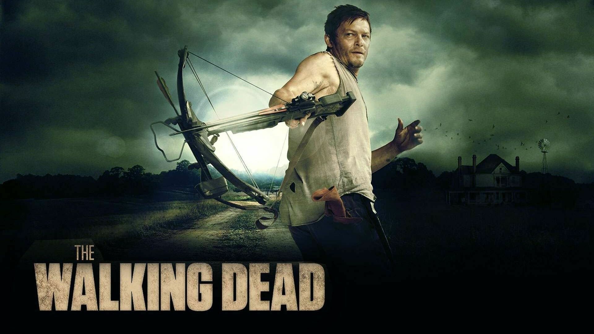 A gripping HD desktop wallpaper from The Walking Dead, featuring a character wielding a crossbow, set against a dark, ominous landscape.