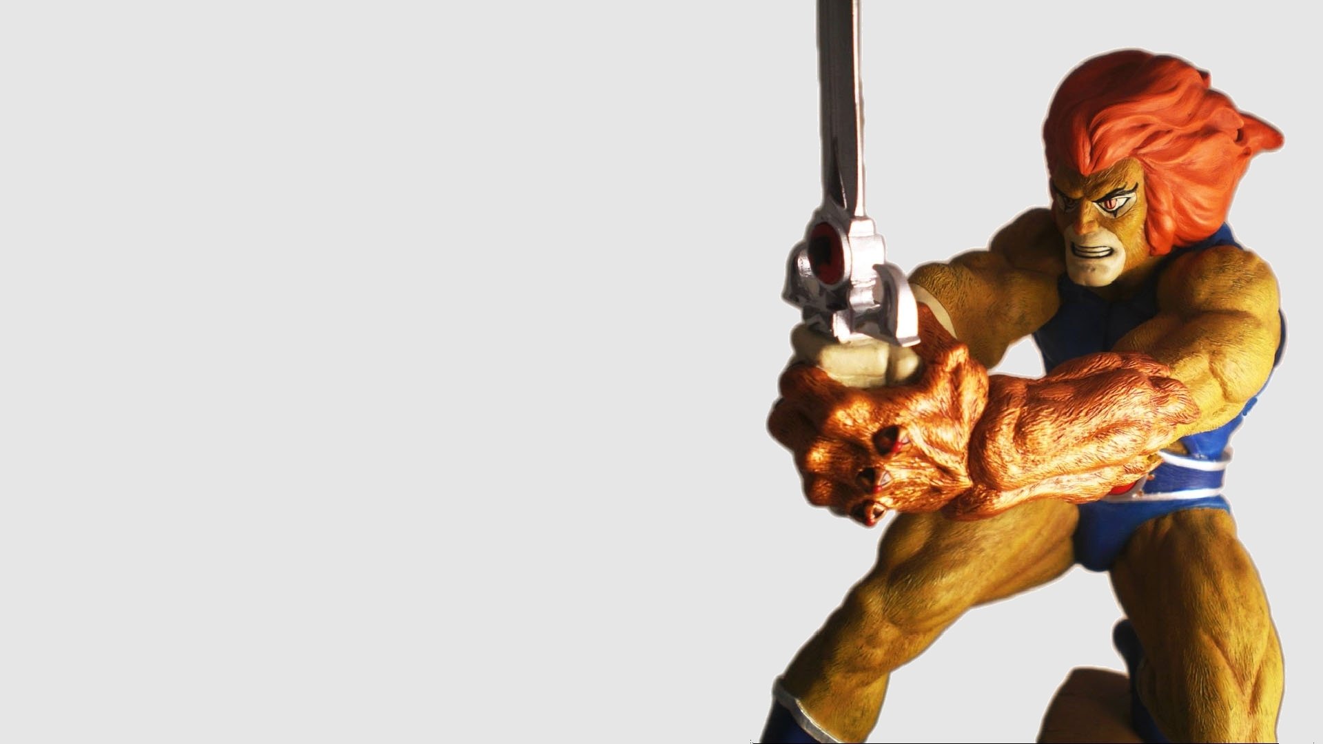 HD desktop wallpaper featuring Lion-O, the leader from the 1985 TV show Thundercats, wielding his iconic sword against a white background.