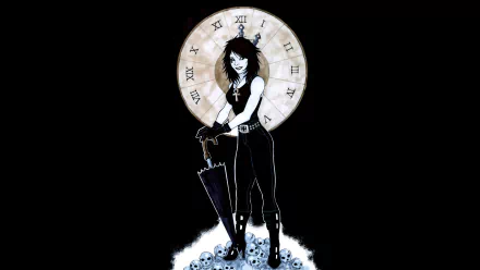 HD PC desktop wallpaper: The Endless from The Sandman comic — Death as a goth woman holding an umbrella, standing on skulls before a large clock.