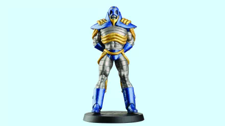 Comic Anti-Monitor figure in blue, gold and silver armor stands on a round base against a pale backdrop — 5K Ultra HD PC Desktop Wallpaper and Background.