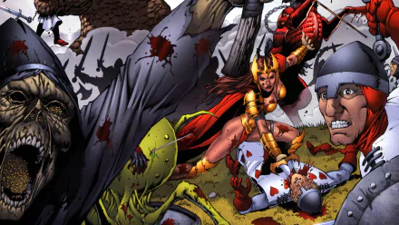 Comic 2K Quad HD PC wallpaper — Tales from Wonderland: The Red Queen: crowned, red-caped queen slashes through soldiers amid gore and torn bodies in a dark, violent fantasy scene.