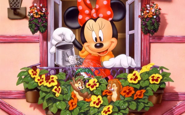 HD desktop wallpaper featuring Minnie Mouse from Disney, watering flowers from a balcony with colorful blossoms and cute chipmunks in a vibrant, animated scene.