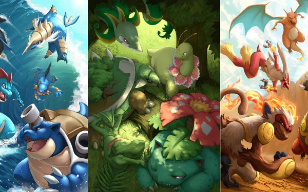 HD desktop wallpaper featuring three panels of Pokémon in dynamic environments: aquatic Pokémon diving, forest Pokémon amidst foliage, and fiery Pokémon soaring.