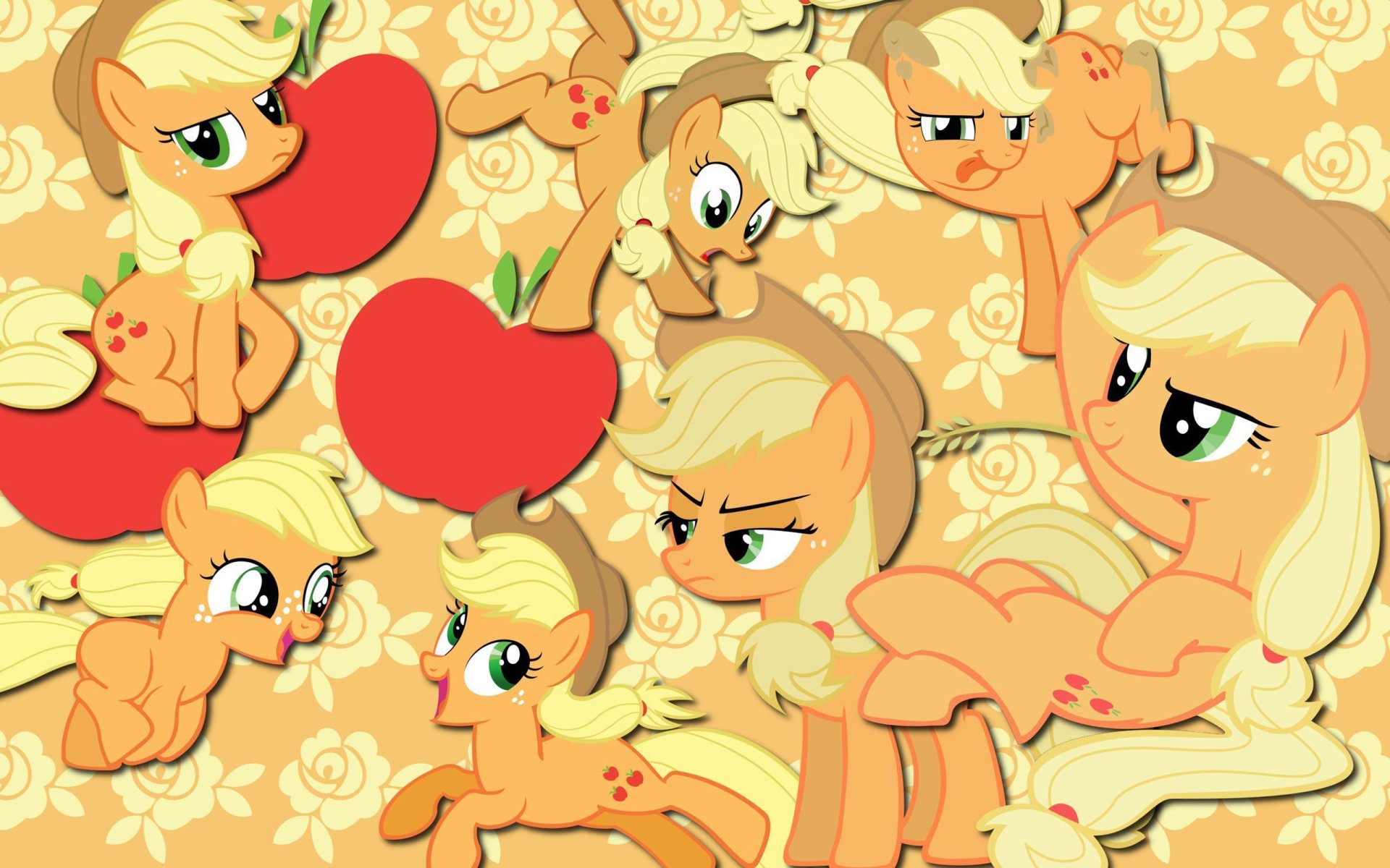 Vector HD PC desktop wallpaper of Applejack from the TV show My Little Pony: Friendship Is Magic — multiple playful Applejack poses with apples on a floral background.