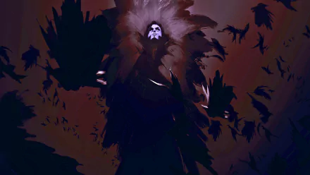 HD desktop wallpaper featuring a dark, gothic theme with a mysterious figure surrounded by swirling black feathers in a shadowy, crimson ambiance.